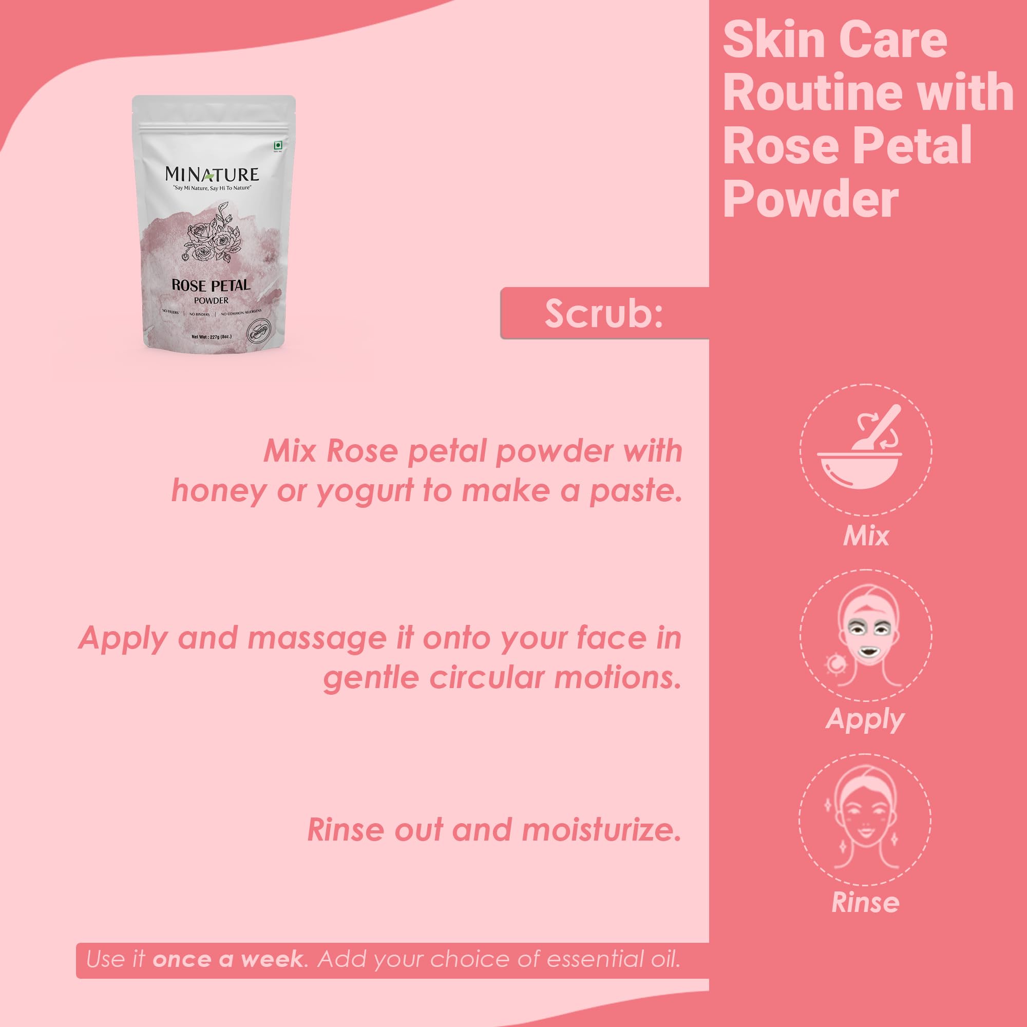 Rose petal powder by mi nature | 227 g (8 oz) (0.5 lb) | 100% Natural and Pure | Skin care | Chemical free | No added colours, no preservatives - Image 7